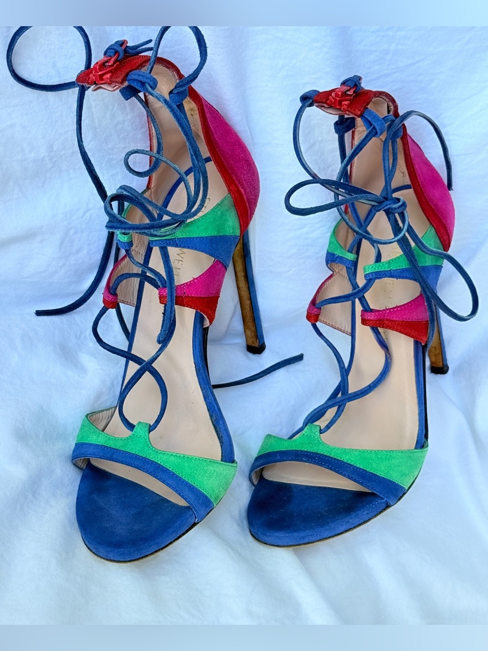 Stuart Weitzman Razzle Multicolor Suede Lace Up Stiletto Sandals Size 7 - Picture 16 of 16